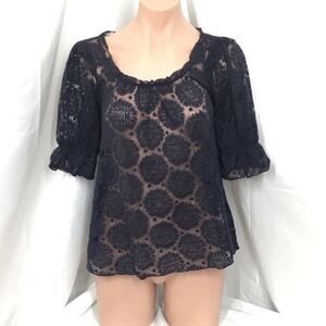Hinge Puff Sleeve Lace Top in Navy (A7)